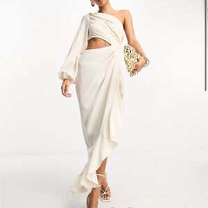 ASOS design linen ruched one sleeve maxi with ruffle side slit in stone size 4